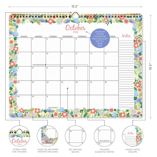 Family Wall Calendar 2023-2024 - Floral, Large Magnetic Monthly Calendar  for Fri